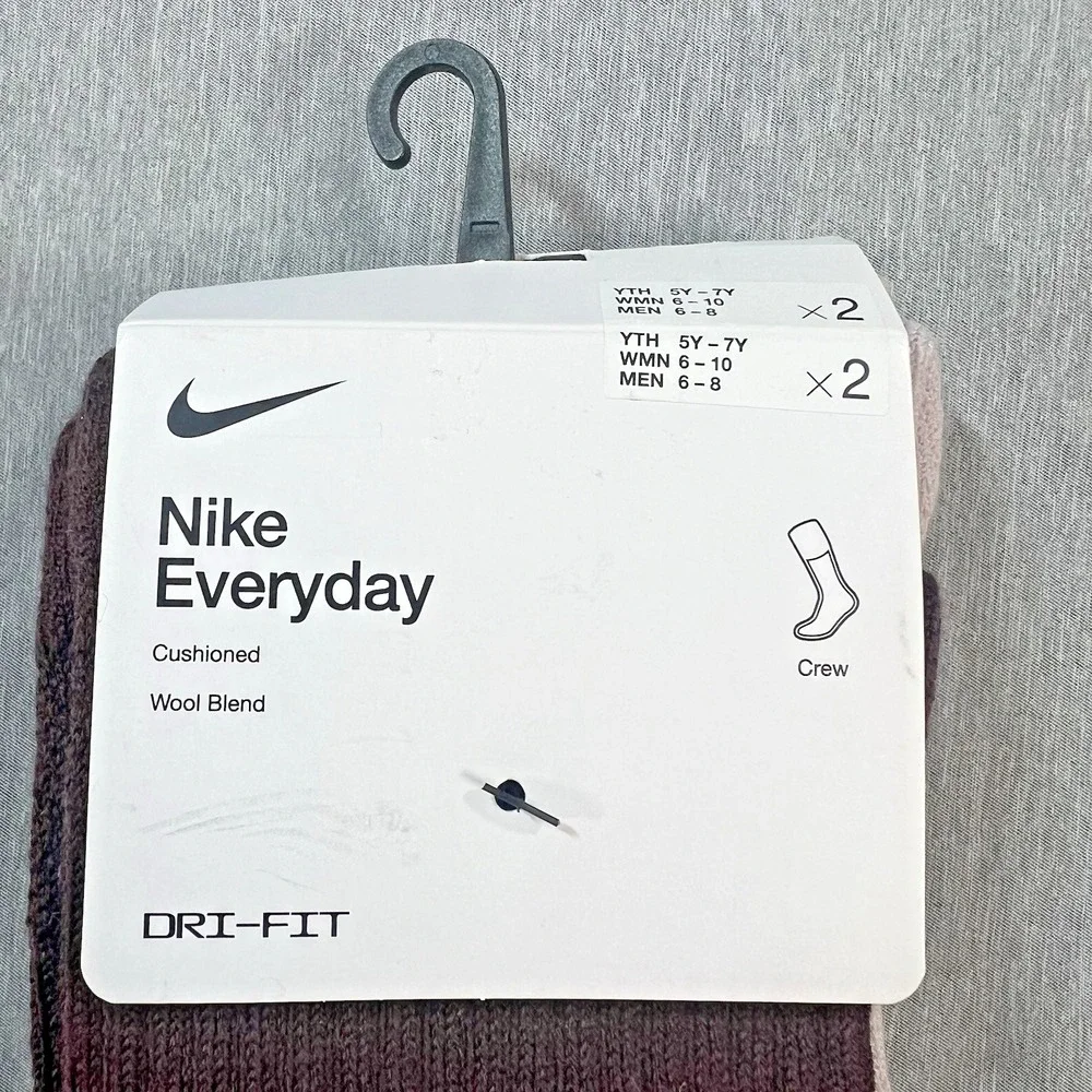 NEW 2 Pair Nike Everyday Wool Blend Men's 6-8 Cushioned Crew‎ Socks W 6-10 Brown